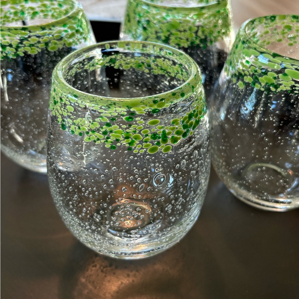 Green Confetti Rim Mexican Seeded Glass Stemlesss Wine Glassses Set - Picture 2 of 3